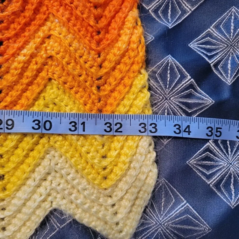 Vintage 70s Afghan Crochet Handmade Orange & Brown Chevron Knit Blanket Throw